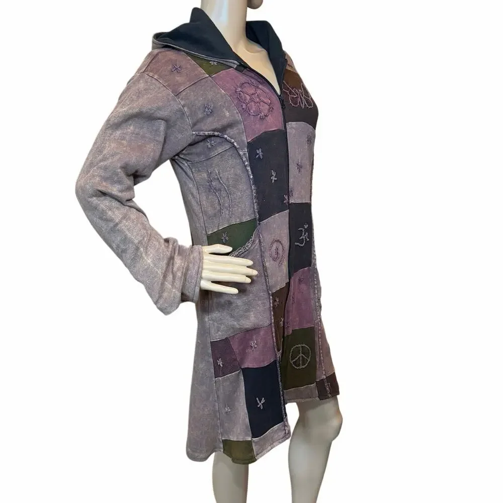VTG Kathmandu Imports Boho Fairy Grunge Artsy Patchwork Zip Jacket Tunic Dress L - Picture 13 of 16